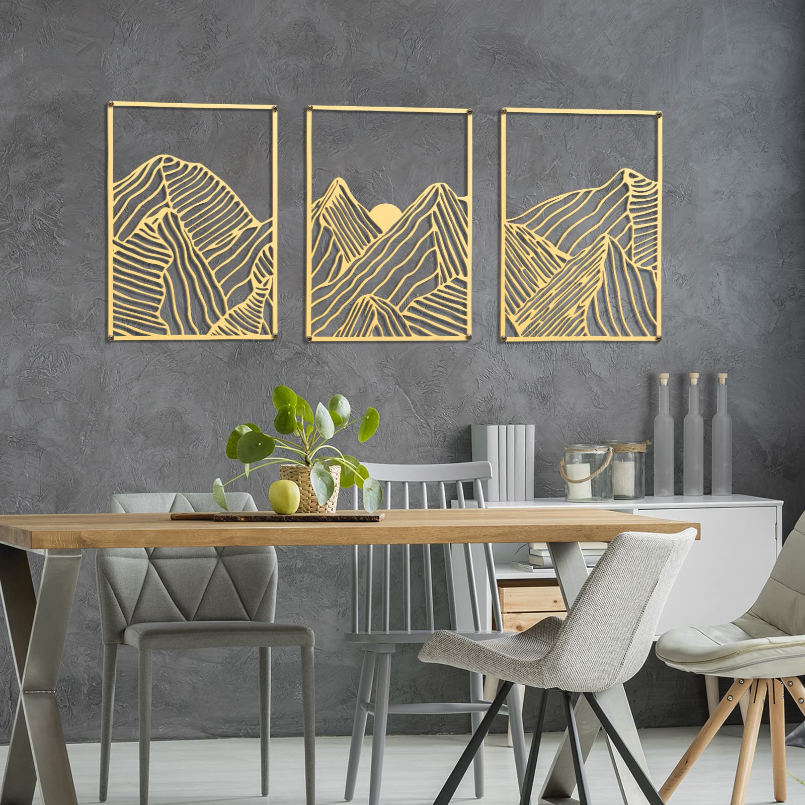 Peryiter 3 Pcs Mountain Metal Wall Art Mountain Line Wall Decor Abstract Minimalist Wall Art Rustic Nature Wall Decor for Home Bathroom Living Room(Gold, Simple Style)