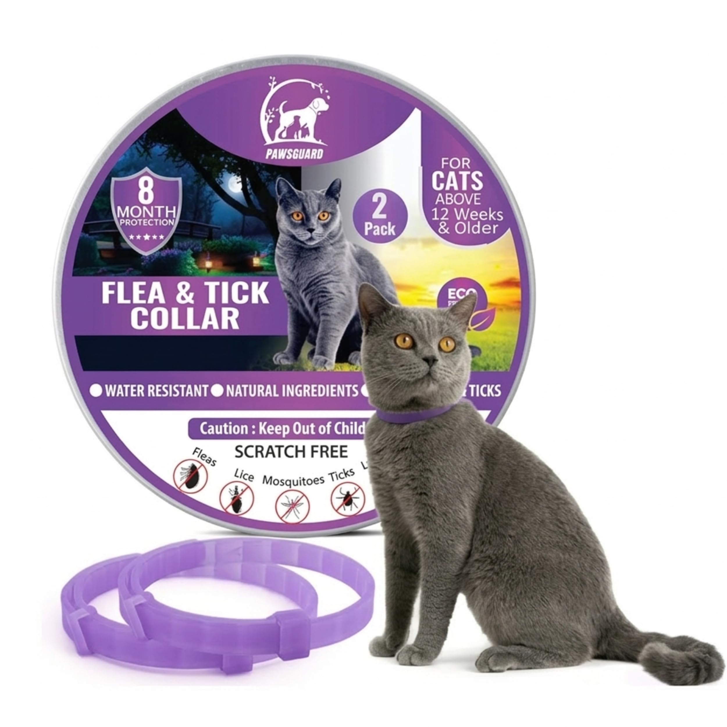 Cat Repellent Treatment, 2 Pack Repellent Collar, Adjustable for Small Medium Large Cats, Natural Waterproof Design (2 Pack Purple)