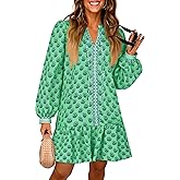Wenrine Womens Long Sleeve Casual Mini Dress Floral V Neck Ruffle Loose Fall Boho Babydoll Dresses with Pockets