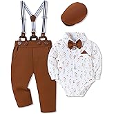 WESIDOM Baby Boy Clothes 0-18M Newborn Infant Gentleman Outfit, Shirt+Bowtie+Beret+Suspender Pant Baby boy Suit Clothing Set