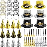 52 Pcs New Years Eve Party Supplies 2026 Happy New Years Decorations Party Favors Includes Top Hats Headband Tiara Horns Metallic Noisemakers Accessories for NYE Party Supplies