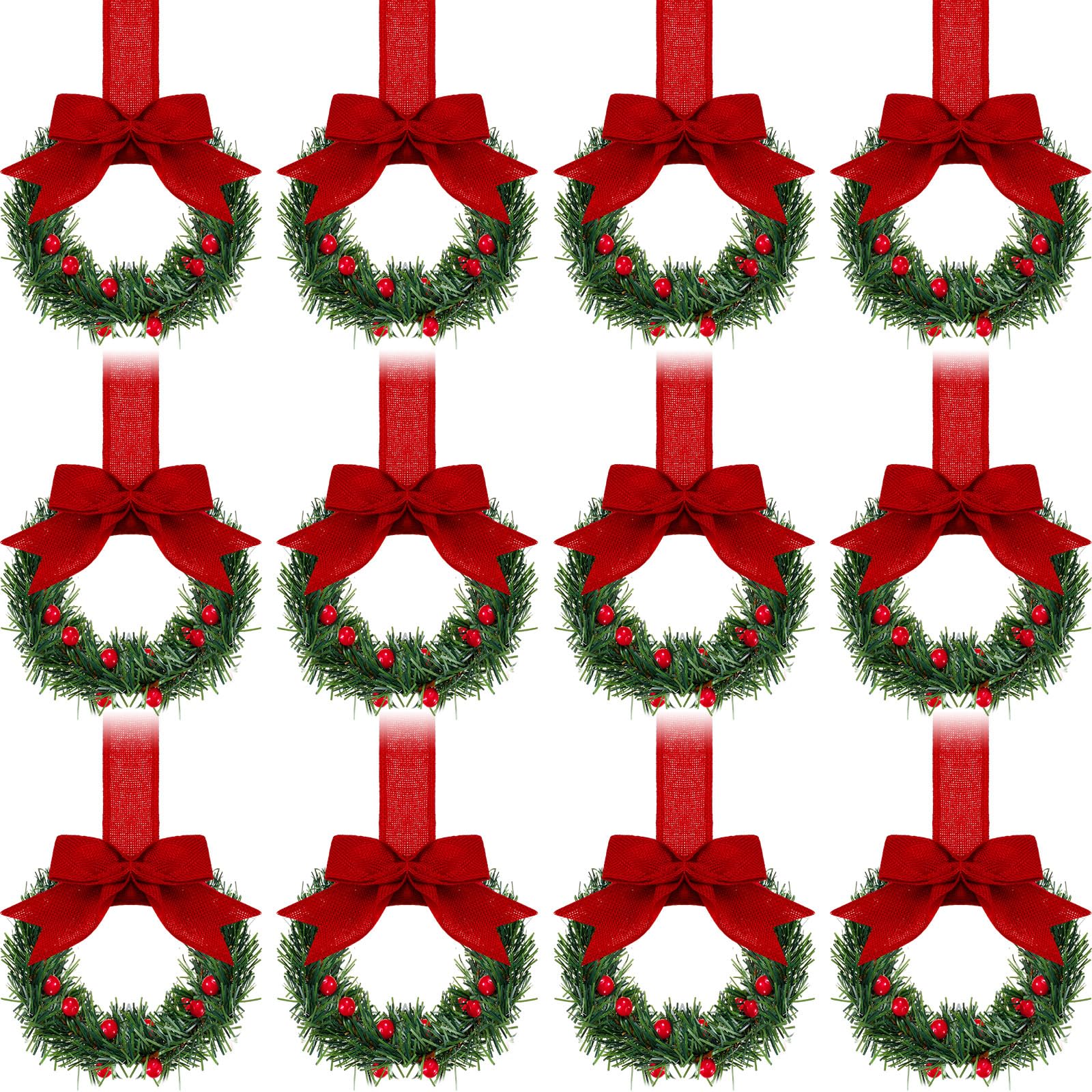 Photo 1 of Retrowavy 12 Pcs Christmas Kitchen Cabinet Wreaths with Ribbon 3.94 Inch Mini Christmas Wreath Small Kitchen Xmas Decor for Window Door(Red,Classic Style)
