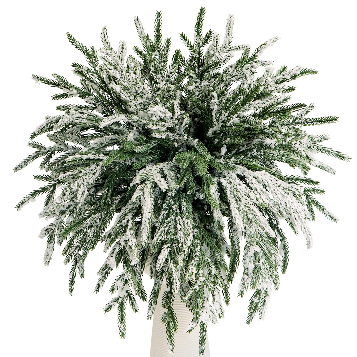 KKSTY 24PCS Snowy Norfolk Pine Stems Frosted Tree Filler Branches Christmas Foliage Picks Greenery Decoraitons for Xmas Garland Wreath DIY Crafts Home Decor
