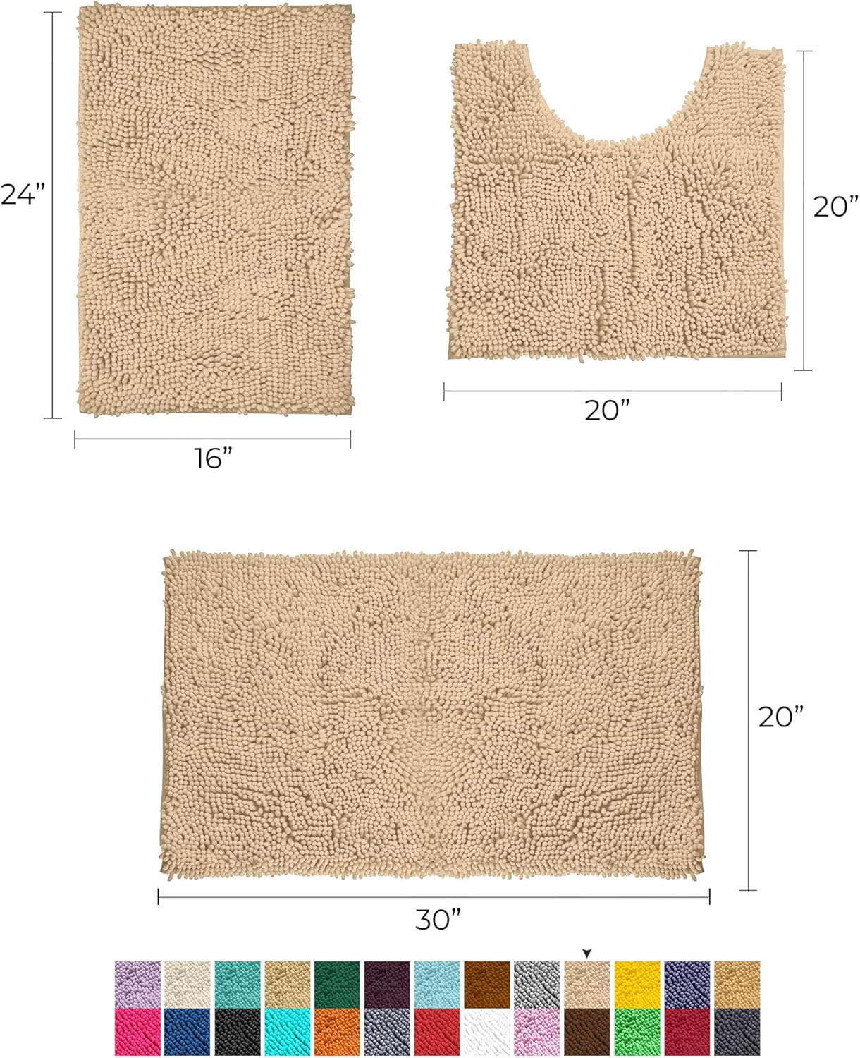 LuxUrux Bathroom Rugs 3 Pieces Set Grey, Non-Slip Shaggy Bathroom Mat Set, Includes U-Shaped Contour Toilet Mat, 20 x 30'' and 16 x 24'' Bath Mat, Machine Washable (3 Pc Set - Style A, Light Grey): Kitchen & Dining