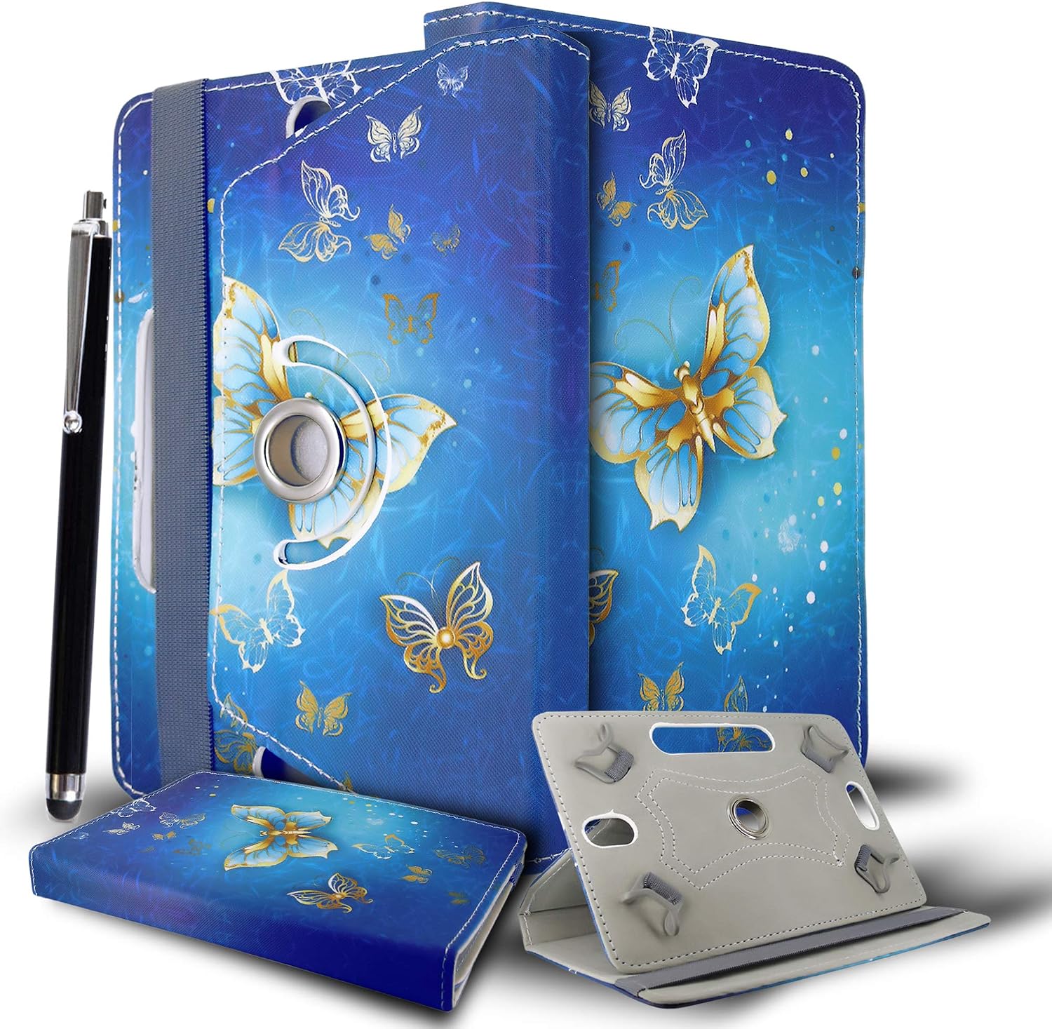 Universal 360° Rotational Colourful Various PU Leather Stand Case Cover Fits All 7" Inch Android Tablets tab devices + Free Stylus Pen (Butterfly Gold Case Cover)