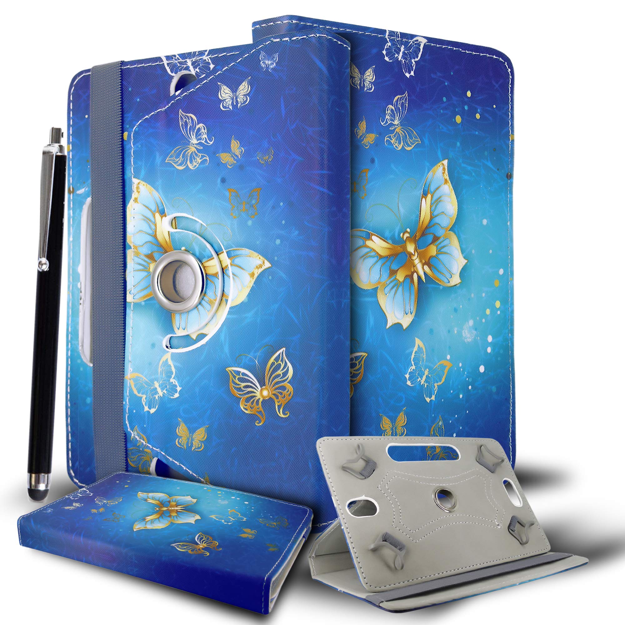 10 inch Tablet Case Cover - Universal Leather Stand Case Folio Case Cover Leather 360° Rotating Fits to ALL 10" Inch & 10.1" Inch Android Tablets tab + Stylus Pen (BUTTERFLY GOLD BOOK)