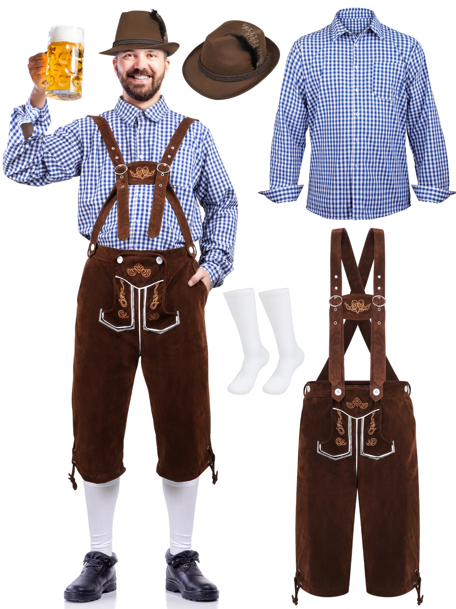 Photo 1 of SOMSOC Men’s German Bavarian Oktoberfest Costume Set Includes Mens Lederhosen with Suspenders & Shirt & Socks and Hat