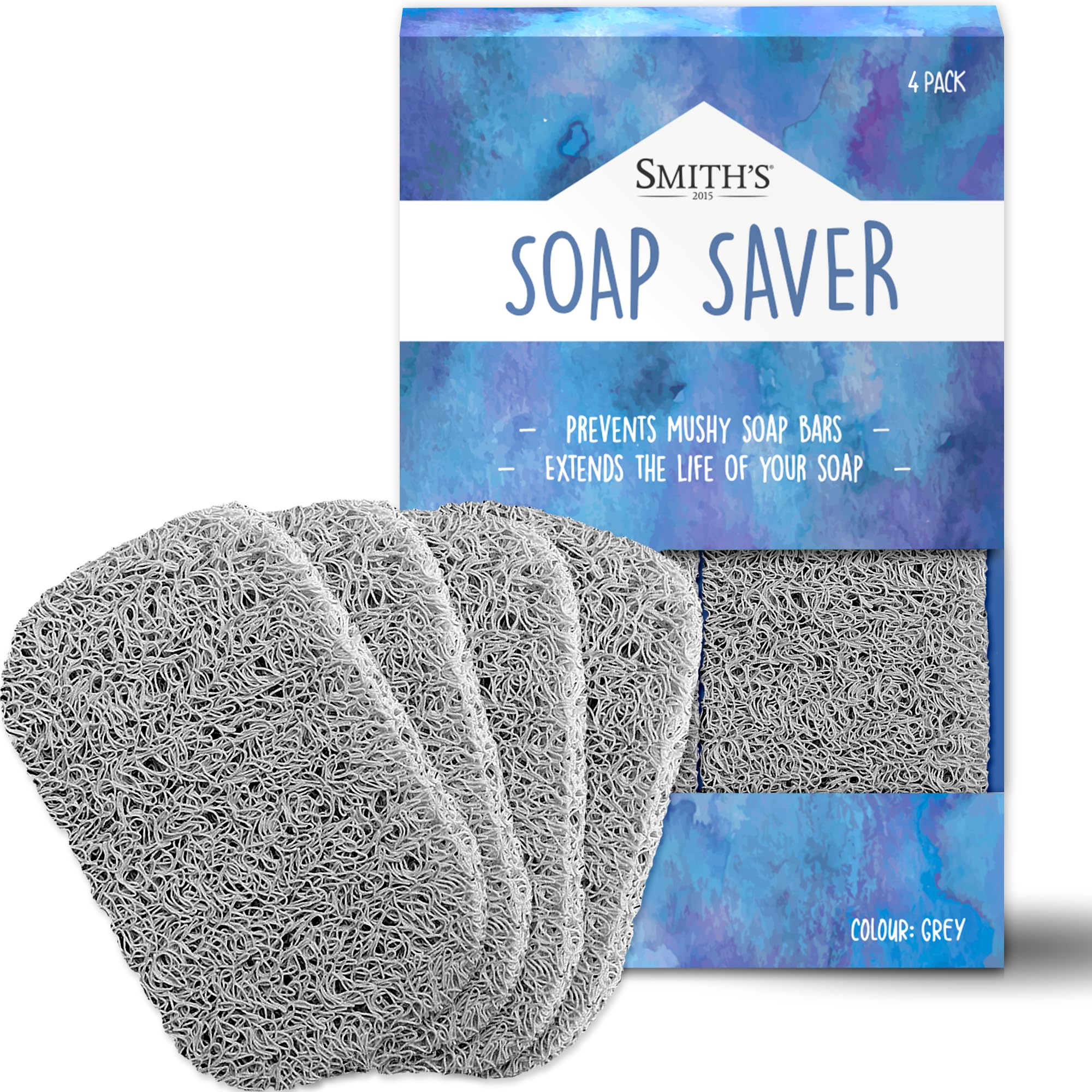 Soap Saver by Smith’s® | Extend Your Soap’s Life | 14 cm (L) x 8 cm (W) x 1.2 cm (H) | Grey / 4 Pack | 50% Thicker | Enhanced Design | Tested And Free of Harsh Chemicals | Trim To Any Size