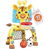 Move2Play, Giraffe Basketball Hoop & Soccer Goal Activity Center | 30+ Sounds & Songs + 5 Lights | 1 2 3 Year Old Birthday Gift for Boys and Girls | Toy for Baby & Toddlers (Yellow)