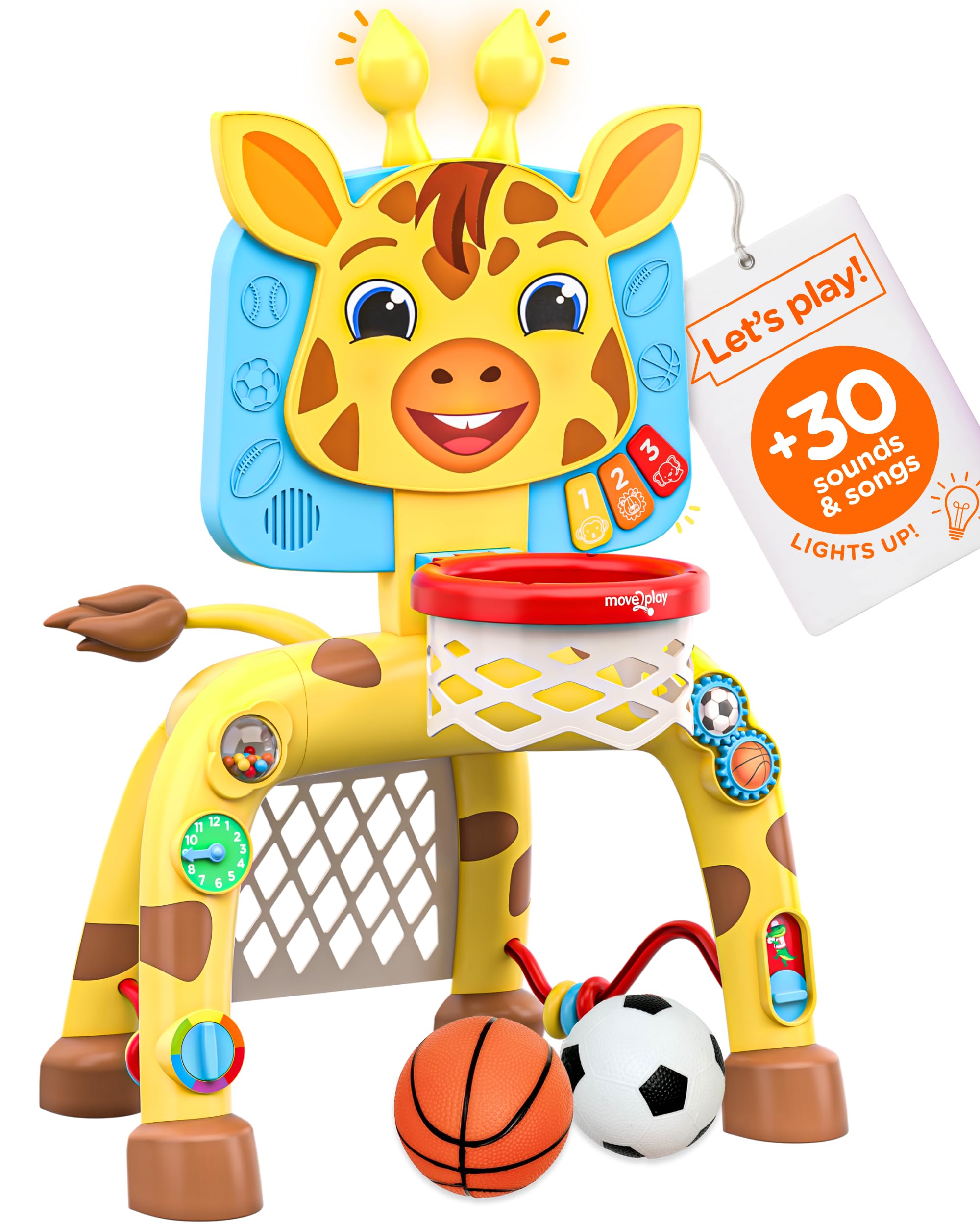 Move2play, Giraffe Basketball Hoop & Football Goal Activity Center | 30+ Sounds & Songs + 5 Lights | 1 2 3 Year Old Birthday Gift for Boys and Girls | Toy for Baby & Toddlers