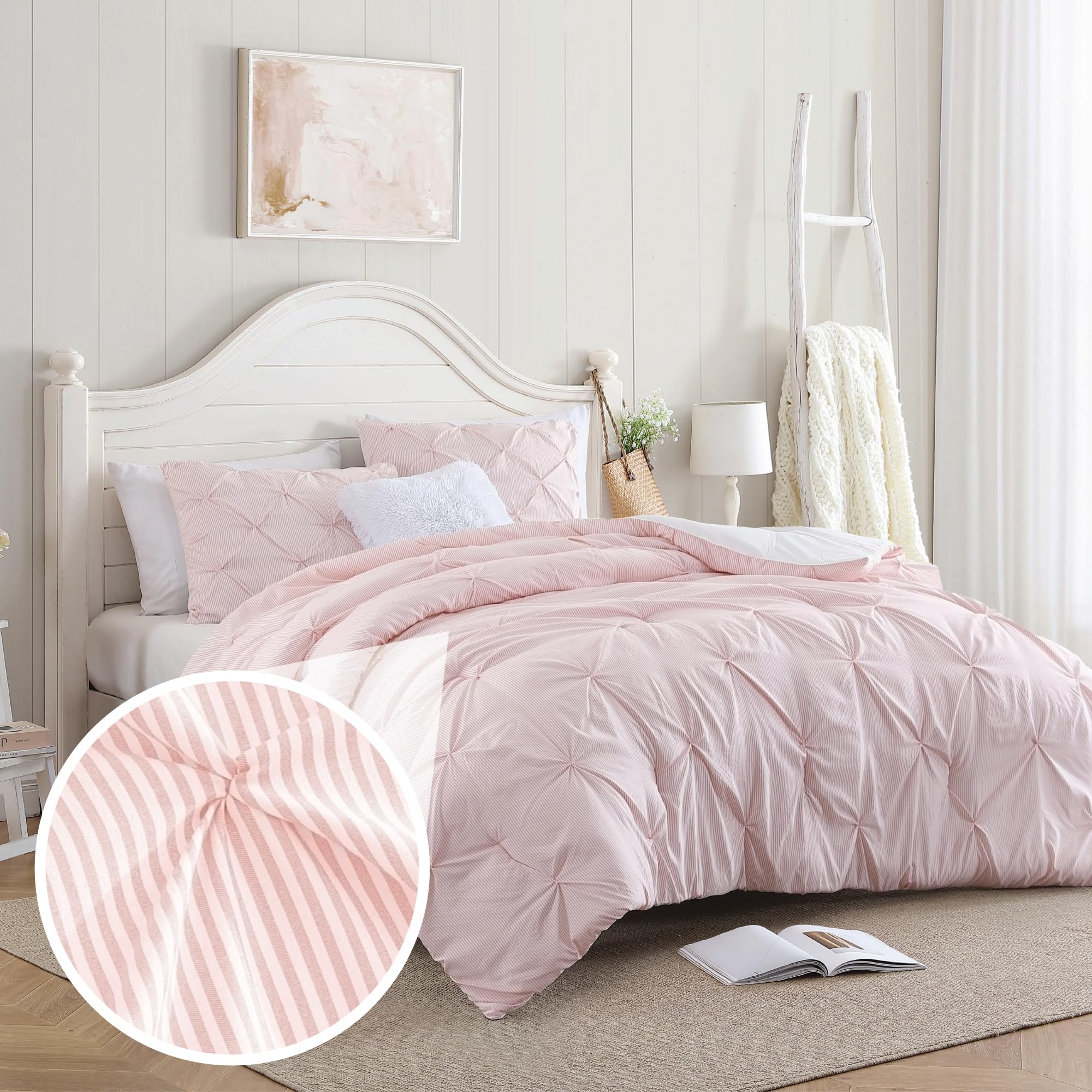 Swift Home Full/Queen Pinstripe Peach Pink Comforter Set - Classic Pintuck Bedding Set - 3 Pieces Bed Linen, 1 Comforter and 2 Pillow Shams Image Swift Home Full/Queen Pinstripe Peach Pink Comforter Set - Classic Pintuck Bedding Set - 3 Pieces Bed Linen, 1 Comforter and 2 Pillow Shams Image