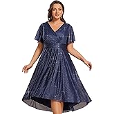 Ever-Pretty Plus V Neck Short Sleeves Glitter Pleated Midi Plus Size Cocktail Wedding Guest Dresses for Curvy Women