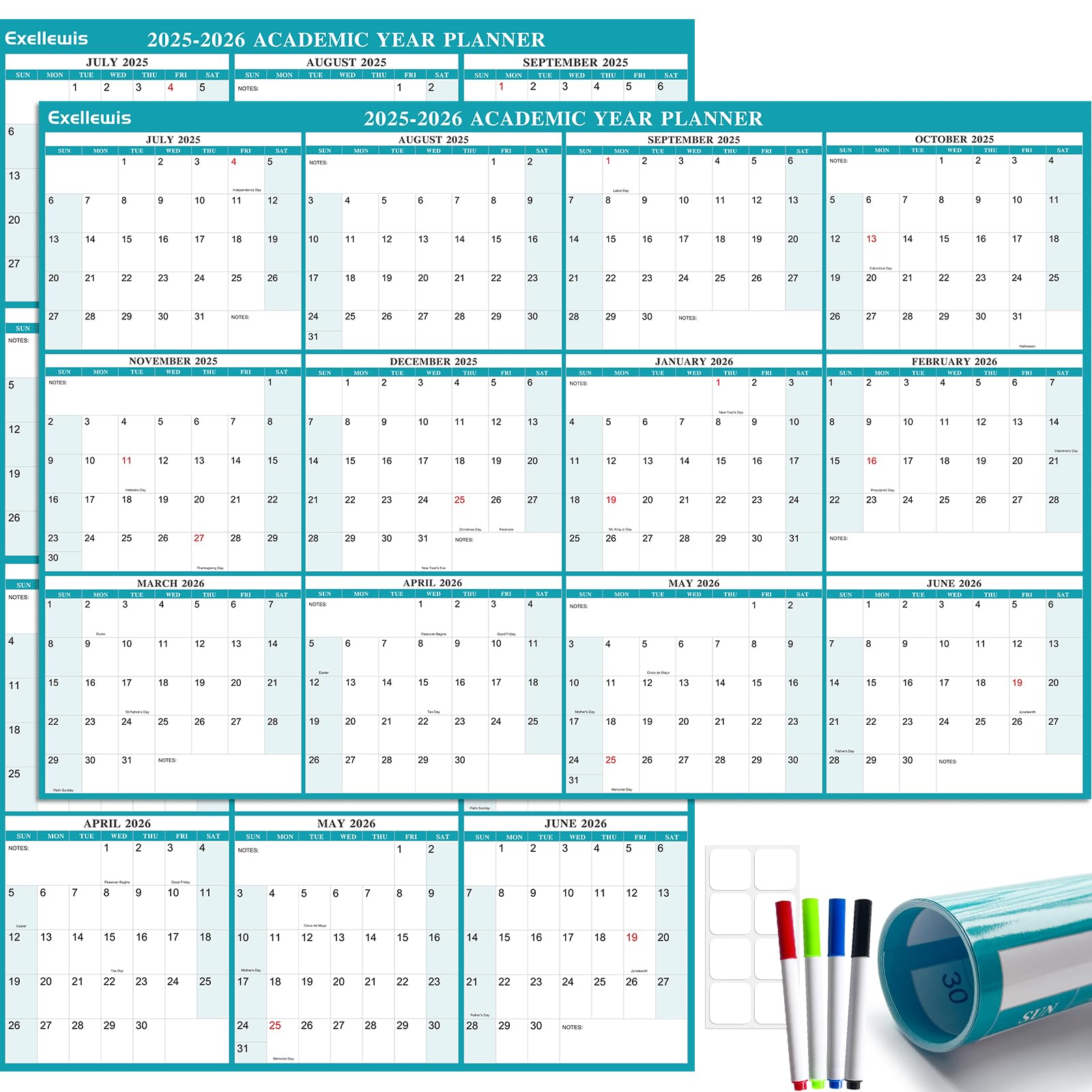 Photo 1 of 24" x 36" Exellewis Academic Wall Calendar 2025-2026, July 2025 to June 2026, Laminated Large Dry Erase School Year Calendar for Wall, Horizontal Vertical 12-Month Yearly Planner