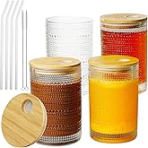 CWHHRN 15 Oz Glass Cups with Lids and Straws, Vintage Embossed Glassware for Whiskey Cocktail Beer, Iced Coffee Cup with Lid (4 PACK)