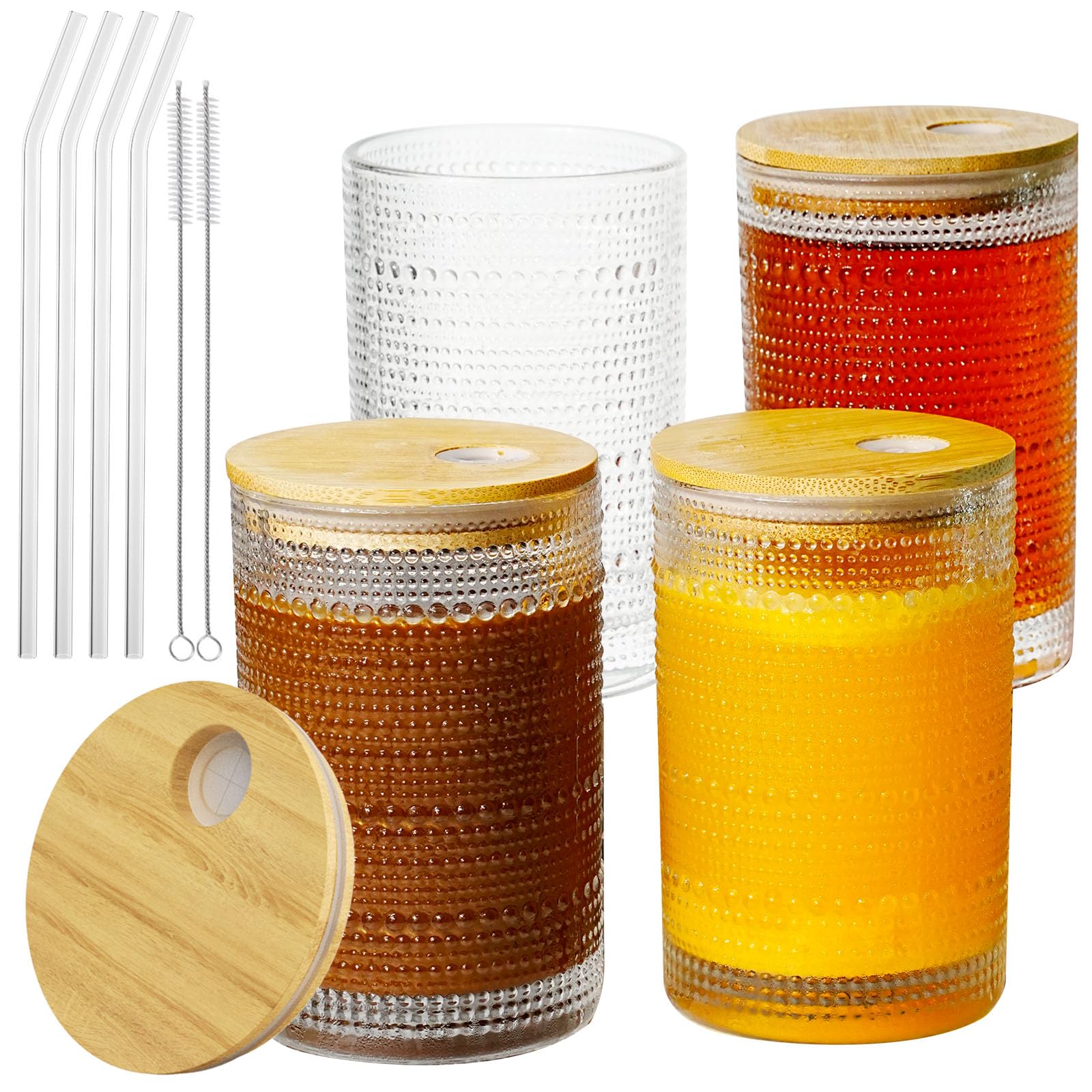 Photo 1 of 15 Oz Glass Cups with Lids and Straws, Vintage Embossed Glassware for Whiskey Cocktail Beer, Iced Coffee Cup with Lid (4 PACK)
