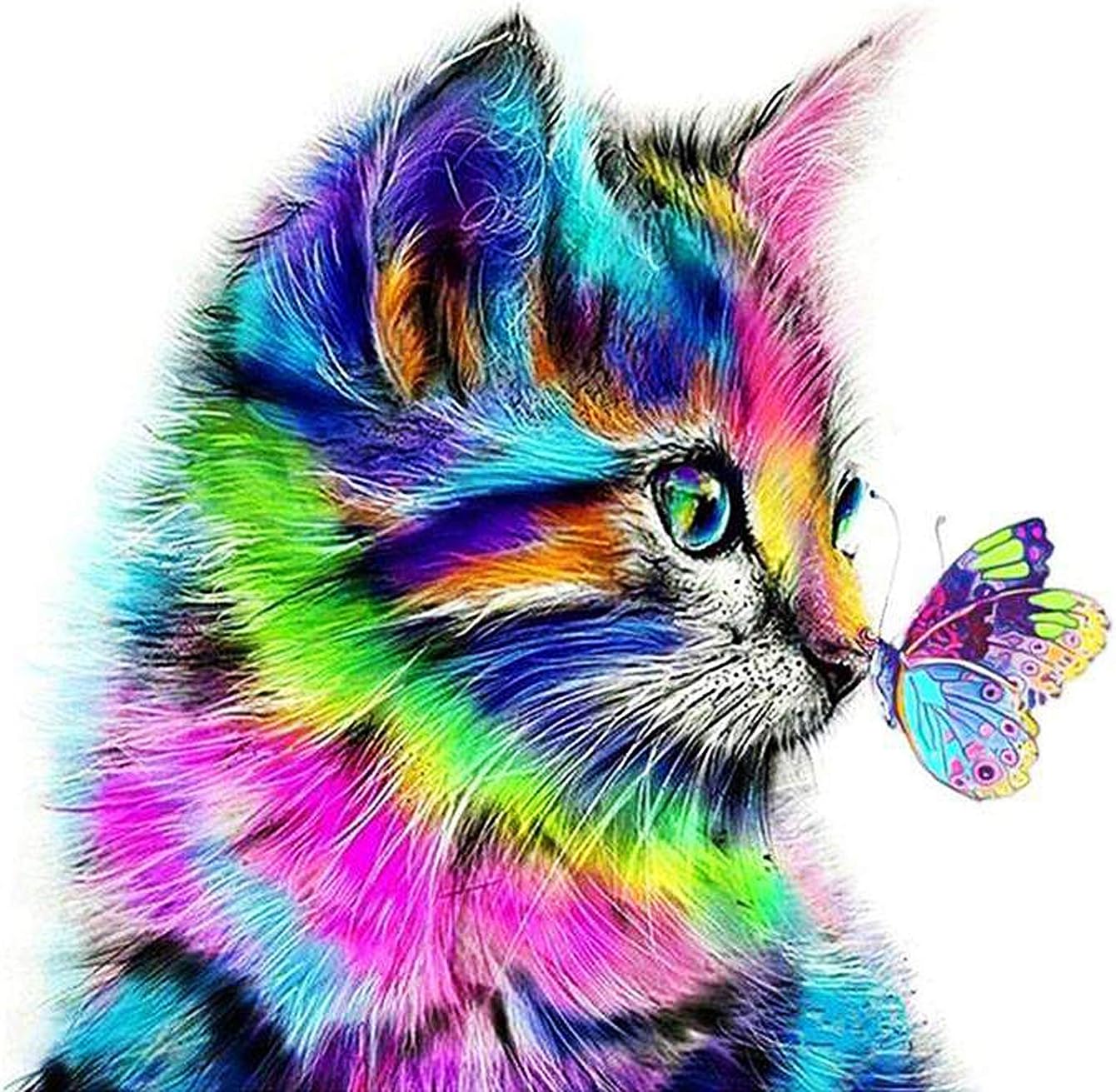 DIY 5D Diamond Painting Kits for Adults, Full Drill Cross Stitch Crystal Rhinestone Embroidery Pictures Arts Craft for Home Wall Decor Gift Lovely Cat and Butterfly (12x12in)