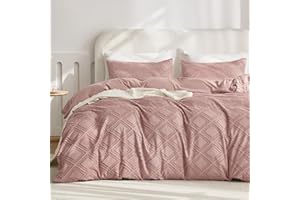 JELLYMONI Duvet Cover Queen Size Smokey Pink 3PCS Boho Duvet Cover Set Plaid Polyester Tufted Bohemian Jacquard Knit Textured