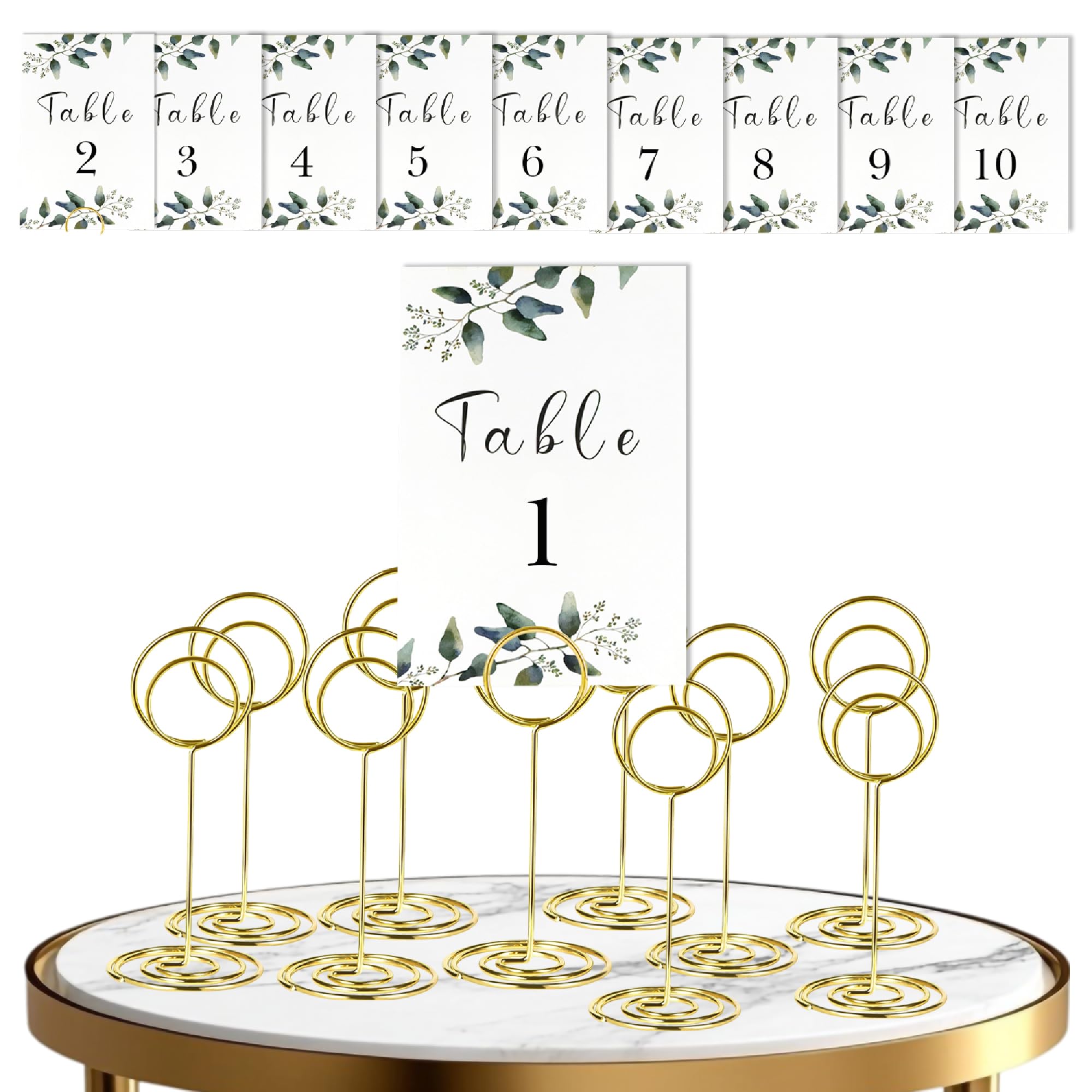Photo 1 of 10 Pack Gold Table Number Holders with Floral Cards, 3.5” Place Card Holders for Table at Weddings, Events & Restaurants, Elegant Photo Holders for Centerpieces, Sturdy Stands with Spiral Clip Design