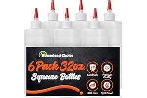 HOMESTEAD CHOICE 6-pack Plastic Squeeze Bottles for Sauces - 32oz Condiment Squeeze Bottles for Liquids - BPA Free Squirt Bottle with Cap - Ketchup, Syrup, Oil, Dressings, Honey & Arts and Crafts