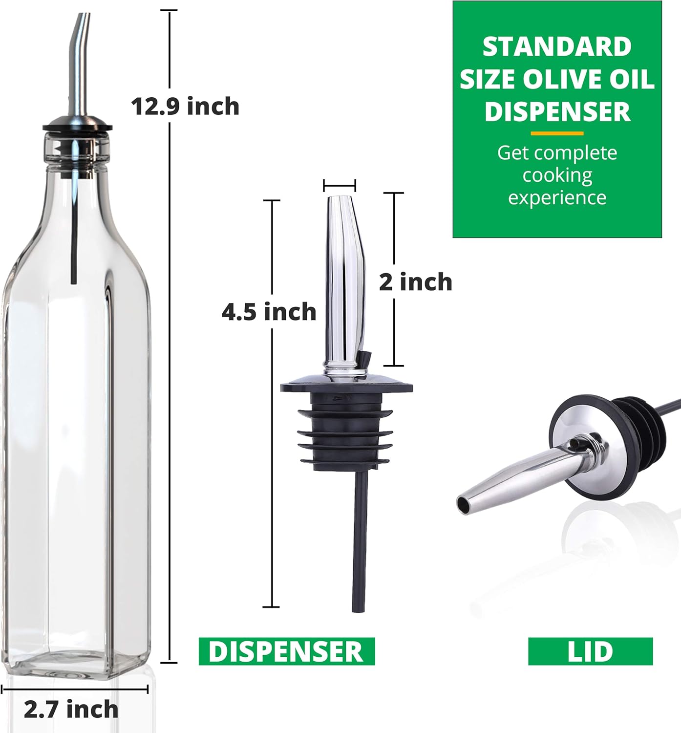 Liam Kitchen Glass Oil Dispenser 17oz Pack 1 - Olive Oil and Vinegar Cruet Clear Bottle Includes 1 Extra Stainless Steel Spout for Easy Pouring - White: Home Improvement