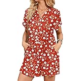 MAKABO Womens Summer Floral Rompers V Neck Boho Short Sleeve Jumpsuits With Pockets Casual Beach Vacation Outfits