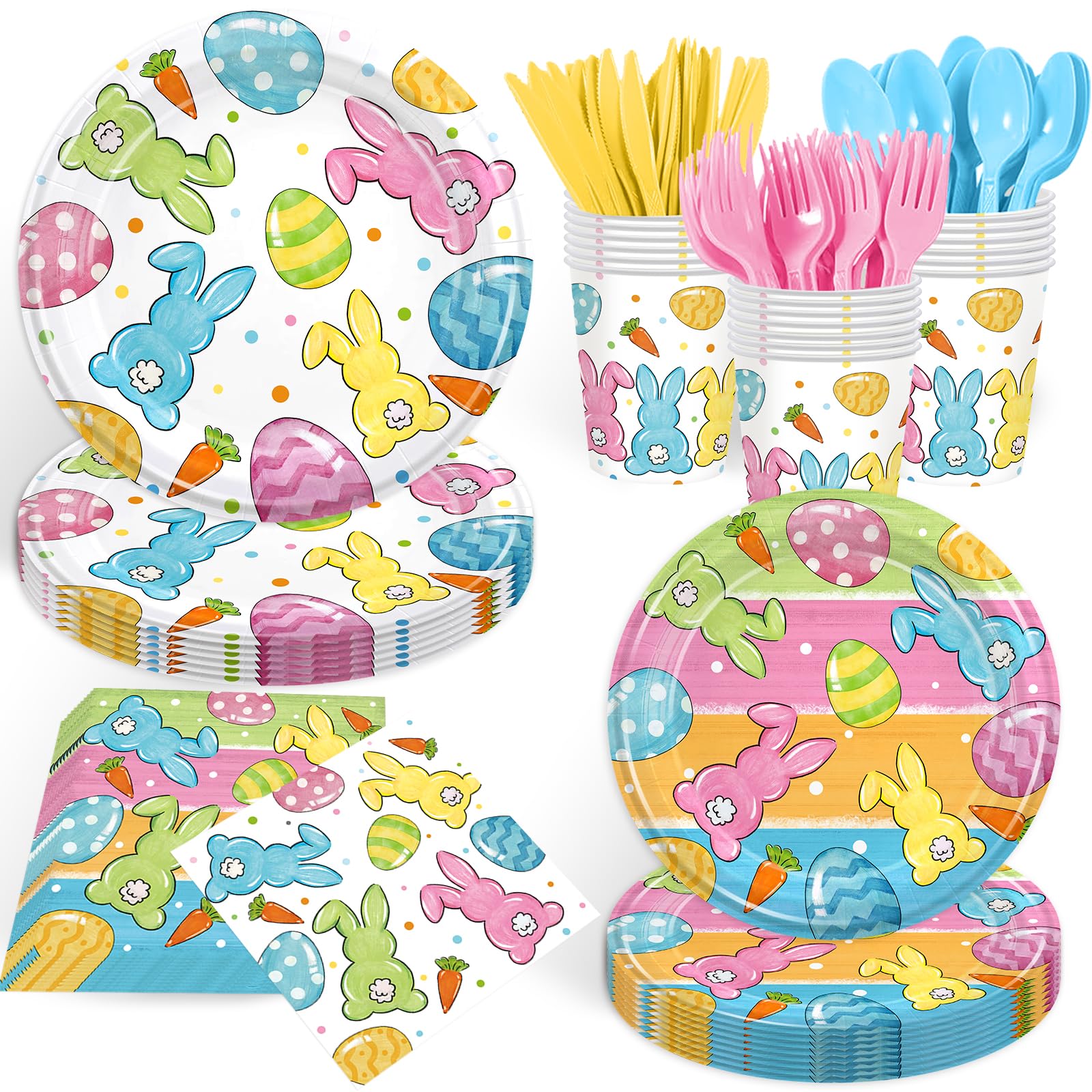 168PCS Easter Party Supplies Watercolor Bunny Carrot Pastel Design Party Decorations Easter Paper Plates Napkins Cups and Forks for Brunch Egg Hunt Spring Holiday Celebrations Serves 24