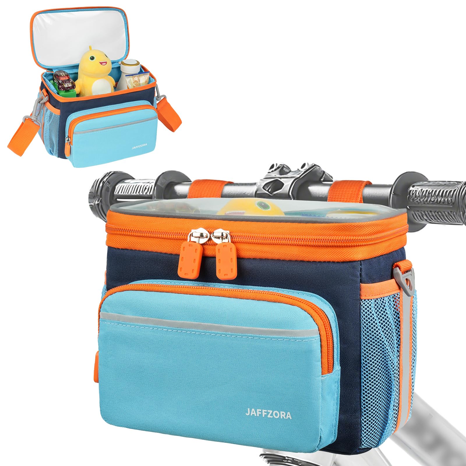 Photo 1 of Kids Bike Basket, Front Frame Handlebar Bag for Toddler Scooter Tricycle Bicycle, Cute Small Fabric Bicycle Basket for Boys & Girls, Blue