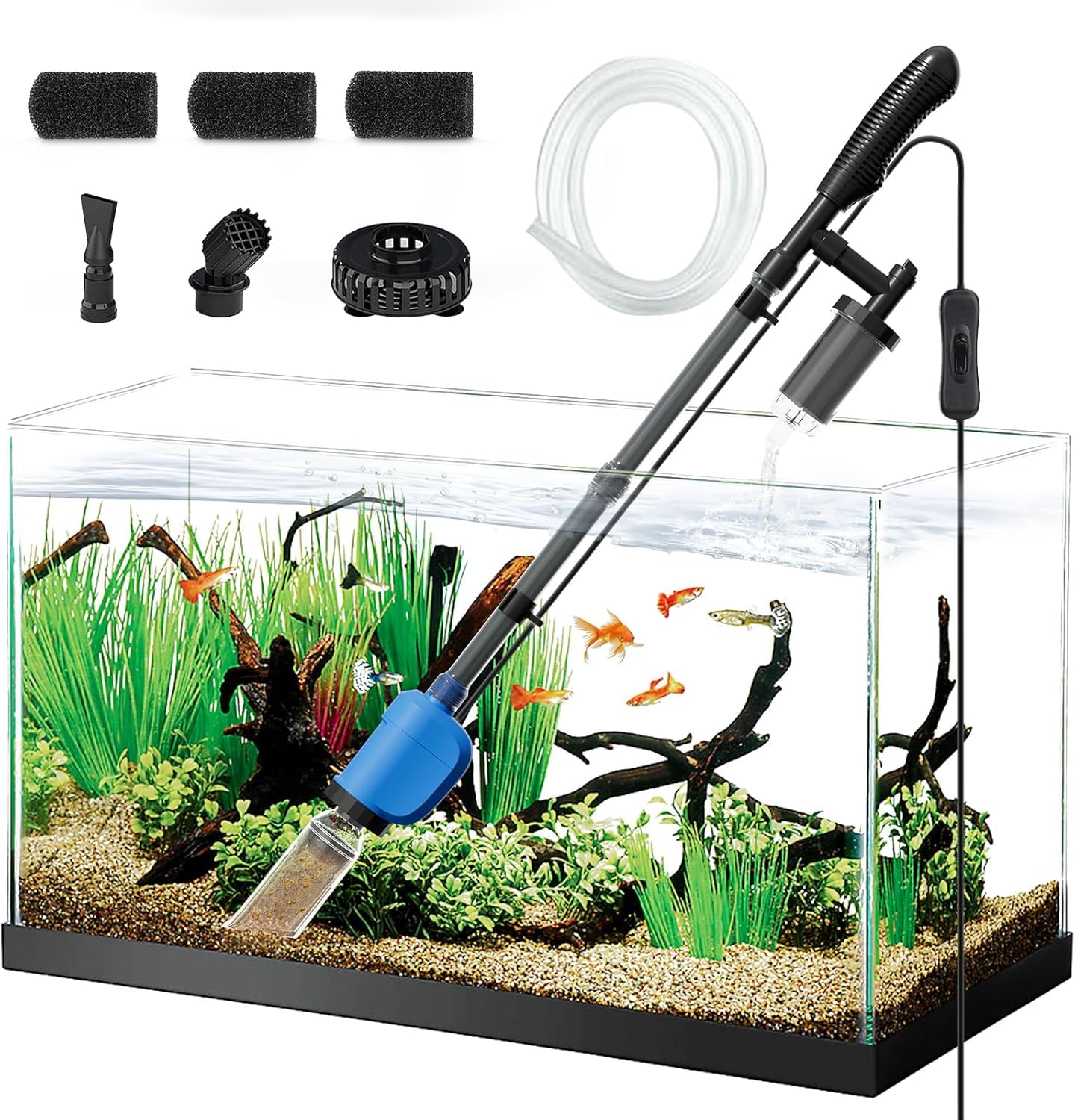 Photo 1 of 6-in-1 Electric Aquarium Gravel Cleaner – 530GPH Powerful Fish Tank Vacuum with Water Changer, Sand Washer & Debris Remover, Quiet 32W Pump with Telescopic Pole for Freshwater (Blue)