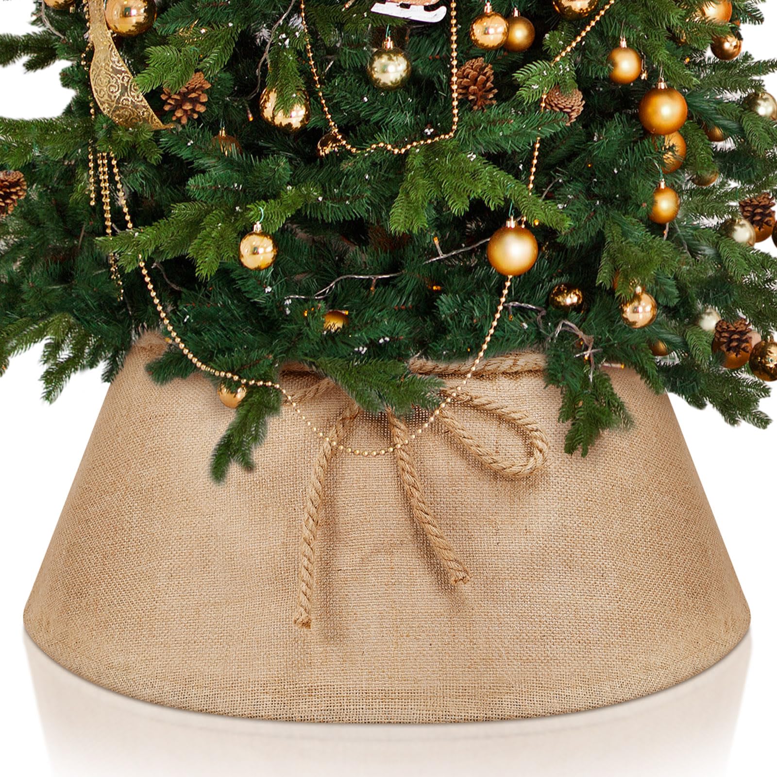 Photo 1 of Outus Farmhouse Burlap Christmas Tree Collar Rustic Christmas Tree Ring Christmas Tree Collar Box Xmas Tree Stand Cover Christmas Tree Skirt Easy Set Up for Christmas Tree Decor (Rustic)