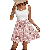 SOLY HUX Summer Dresses for Women Floral Print Square Neck Sleeveless A Line Ruffle Hem Flowy Short Dress