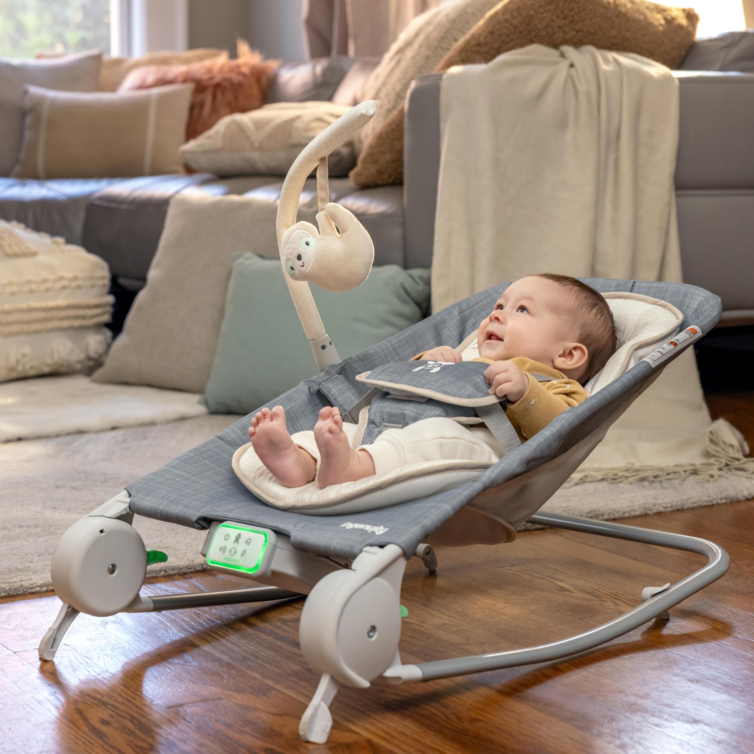 Ingenuity Gas Relief and Anti-Colic Baby Bouncer Seat and Rocker, Gentle Belly Message to Relax and Soothe Bellies, Instant Tummy Soother, 20 Songs and Melodies – Parker