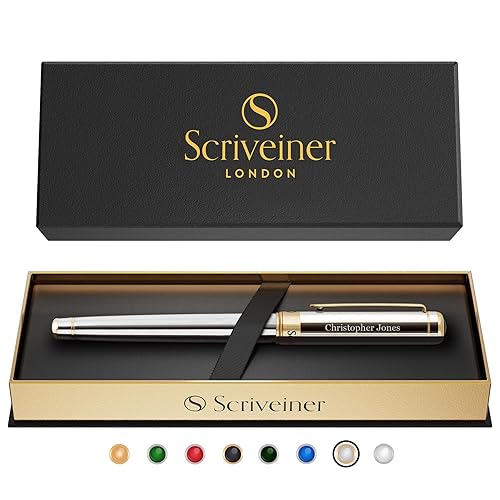 Scriveiner Personalized Silver Chrome Rollerball Pen Stunning Luxury Pen,  Real Gold Plating, Schmidt Ink Refill, Best Engraved Roller Ball Gift Set 