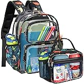 Bagseri 2pcs Clear Backpack for Boys - 15 Inch School Bag with Clear Lunch Bag, Heavy Duty Transparent Bookbag for Kindergarten to Grade 2, Fits Folders, Black Dinosaur