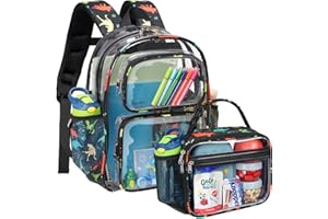 Bagseri Clear Backpack for Boys - 15 Inch Kids Backpack With Lunch Bag, Heavy Duty Bookbag for School, See Through Transparent for Kids Aged 3 to 8, Black Dinosaur