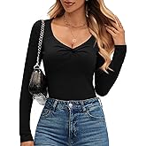kakola Womens Ribbed Sweetheart Neckline Top Fitted Twist Front Deep V Neck Long Sleeve Shirts for Women Going Out 2025 Fall