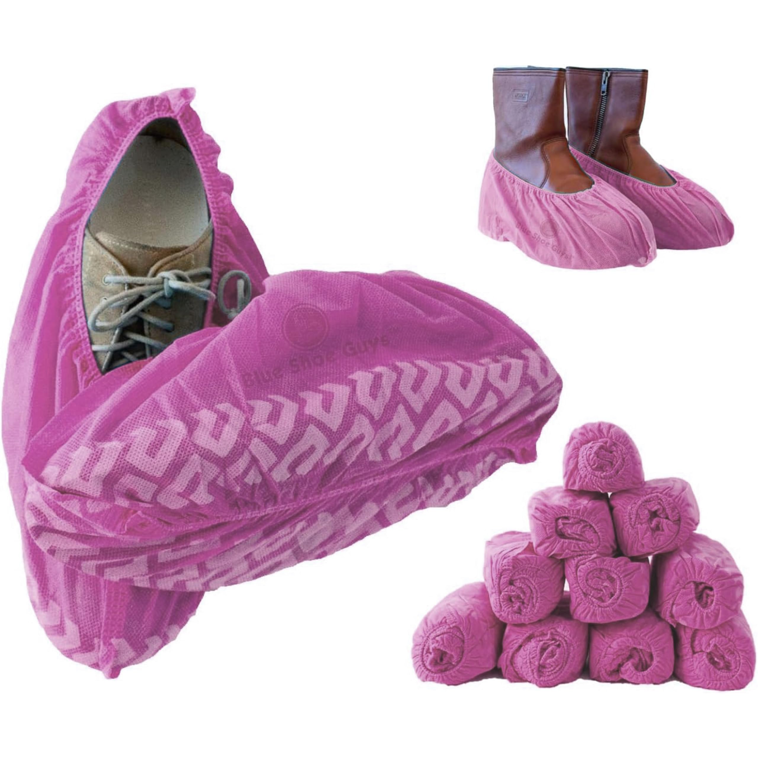 Photo 1 of Premium Disposable Boot & Shoe Covers Booties | 100 Pack | Durable, Non-Slip, Non-Toxic, Water Resistant, Recyclable Protectors for Indoor & Outdoor | Large Size Fits Most Shoes (Pink)
