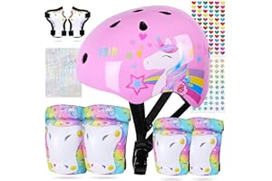 FIODAY Kids Bike Helmet, Toddler Helmet Knee and Elbow Pads Wrist Guards Adjustable Protective Gear Set with DIY Sticker for Girls 3-5-8 Years for Skateboard Inline Skating Scooter