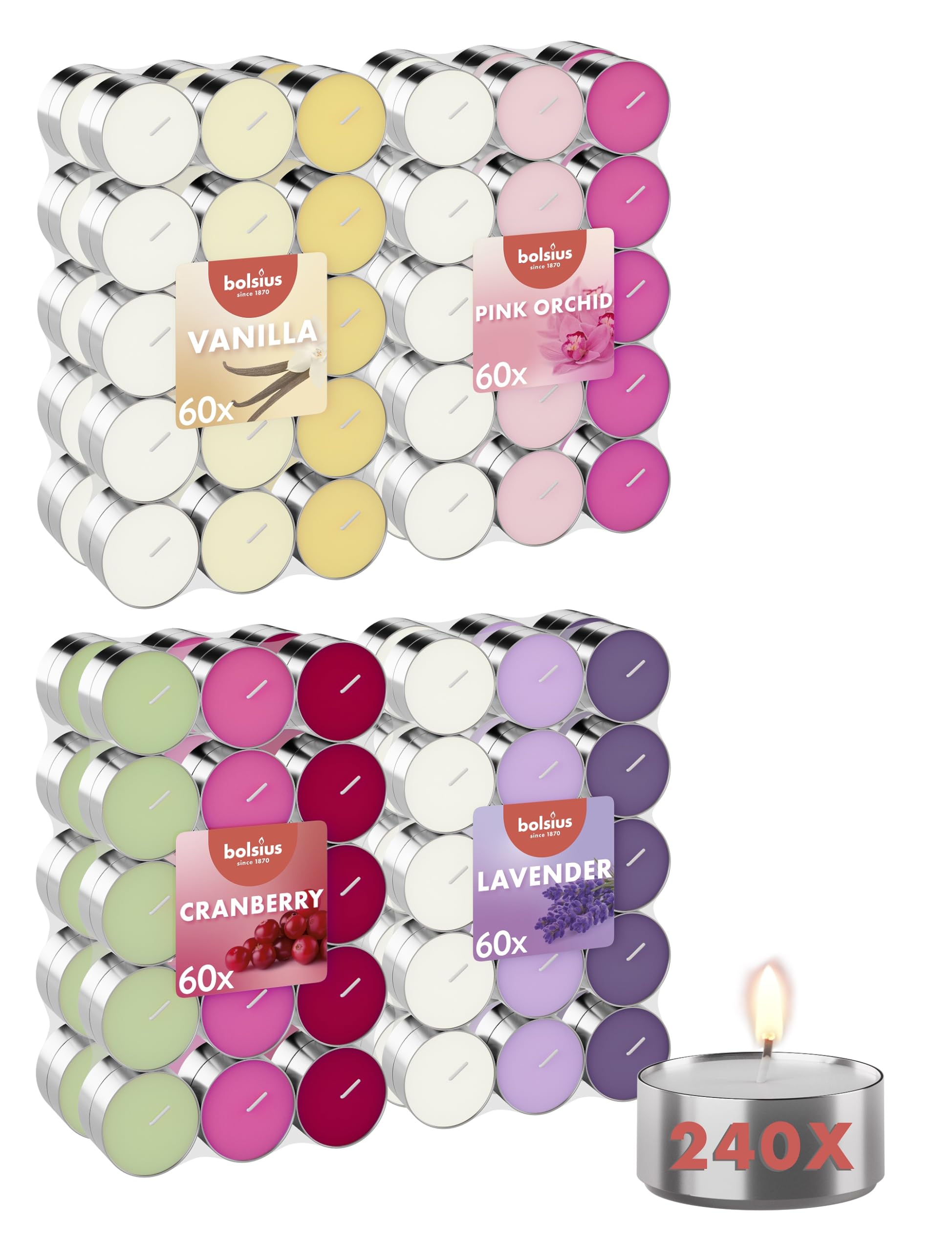 Bolsius Multicoloured Scented Tea Lights - Pack of 240 - Multiple Fragrances - 12 Colours - Long Burning Time 6 Hours - Decorative Candles - Wax - 8 Packs of 30 Candles