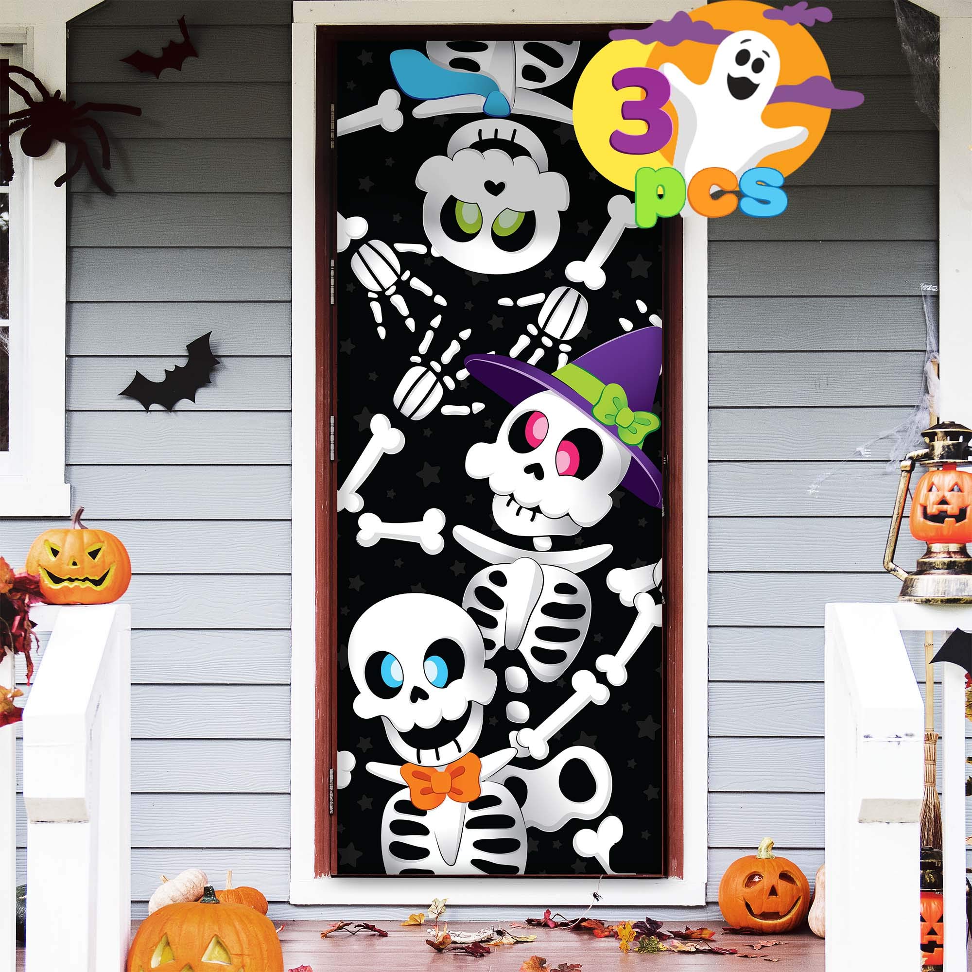 Photo 1 of JOYIN 3 Pcs 30”x72” Door Cover Skeleton Halloween Decorations Indoor, Haunted House Home Decor Stickers Party Supplies Favors for Garage Window Wall Cute
