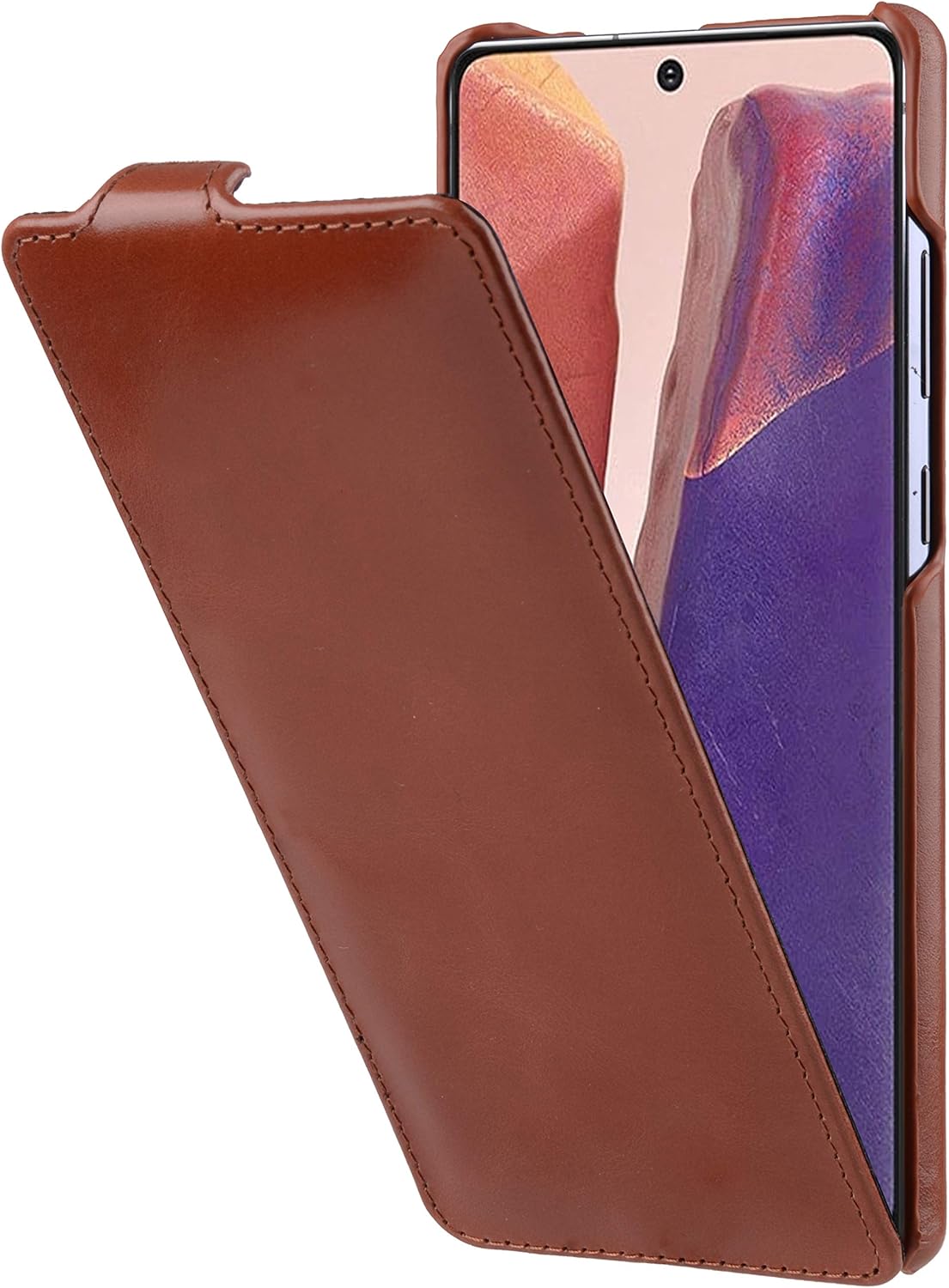 StilGut Slim Vertical Flip Case for Samsung Galaxy Note 20, Genuine Leather Samsung Galaxy Note 20 Case, Cognac Antique
