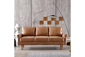 ovios 73.6" Mid Century Modern Sofa Couch, 3 Seater Suede Leather Couches with Armrests and Comfy Cushions, Deep Seat Sofas for Living Room Bedroom Apartment, Brown