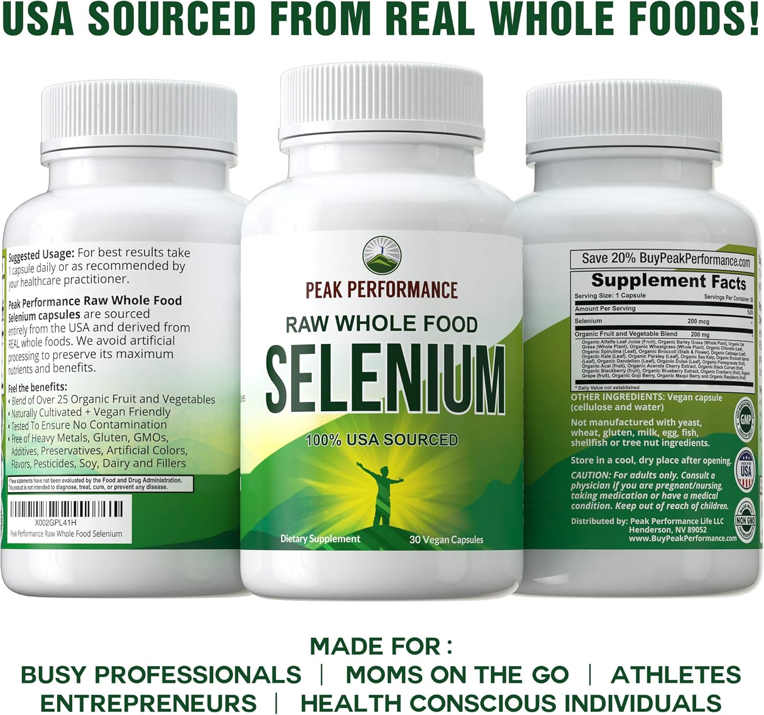 Raw Whole Food Selenium Supplement - Pure Selenium Vegan Capsules for Immune System, Thyroid Support, Heart Health, Prostate. Blended with 25 Organic Vegetables + Fruits. Superior Absorption 30 Pills: Health & Personal Care