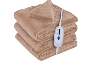 McJaw Electric Blanket Full Size 72x84 inches, Soft Double-Sided Flannel Heated Blanket with 10 Hours Auto Off, 4 Heating Levels, Fast Heating, Machine Washable, Light Brown