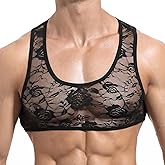 GENEMEN Floral Lace Mens Crop Top See Through Shirt Sexy Muscle Tank Top Gym Workout Vest Sissy Sheer Half Tops