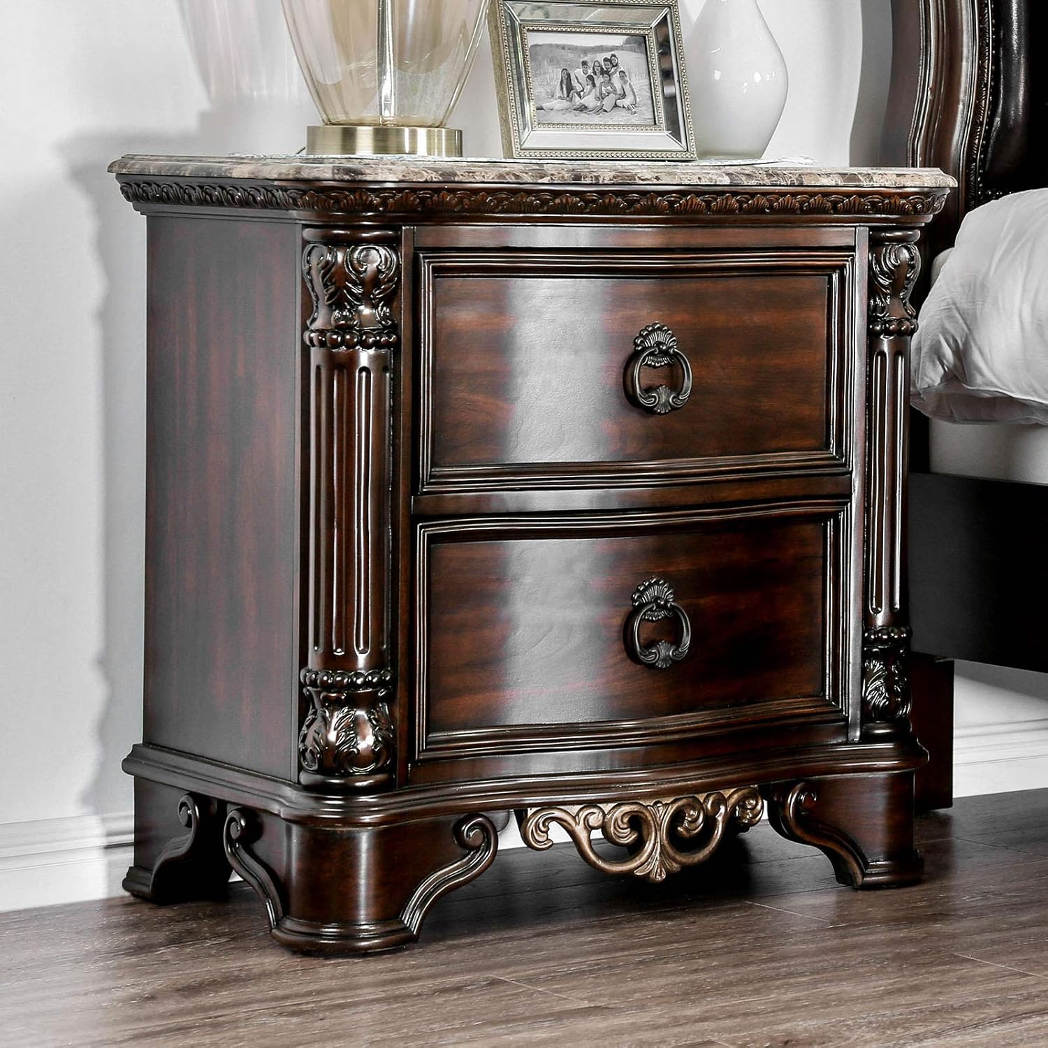 Benjara Benzara Royal Wooden Nightstand with Marble Top