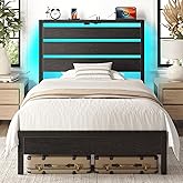 Rolanstar Twin Bed Frame with LED Lights and Charging Station, Wood Storage Headboard and Under Bed Storage, Metal Platform Bed, Easy Assembly, No Box Spring Needed, Balck Oak