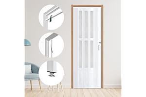 104RDHOUSE 30×80 in White Accordion Door with Frosted Acrylic Glass,PVC Interior Folding Doors for,No Need for Punching, Include Door and Mounting Hardware,Handle,Latch ﻿