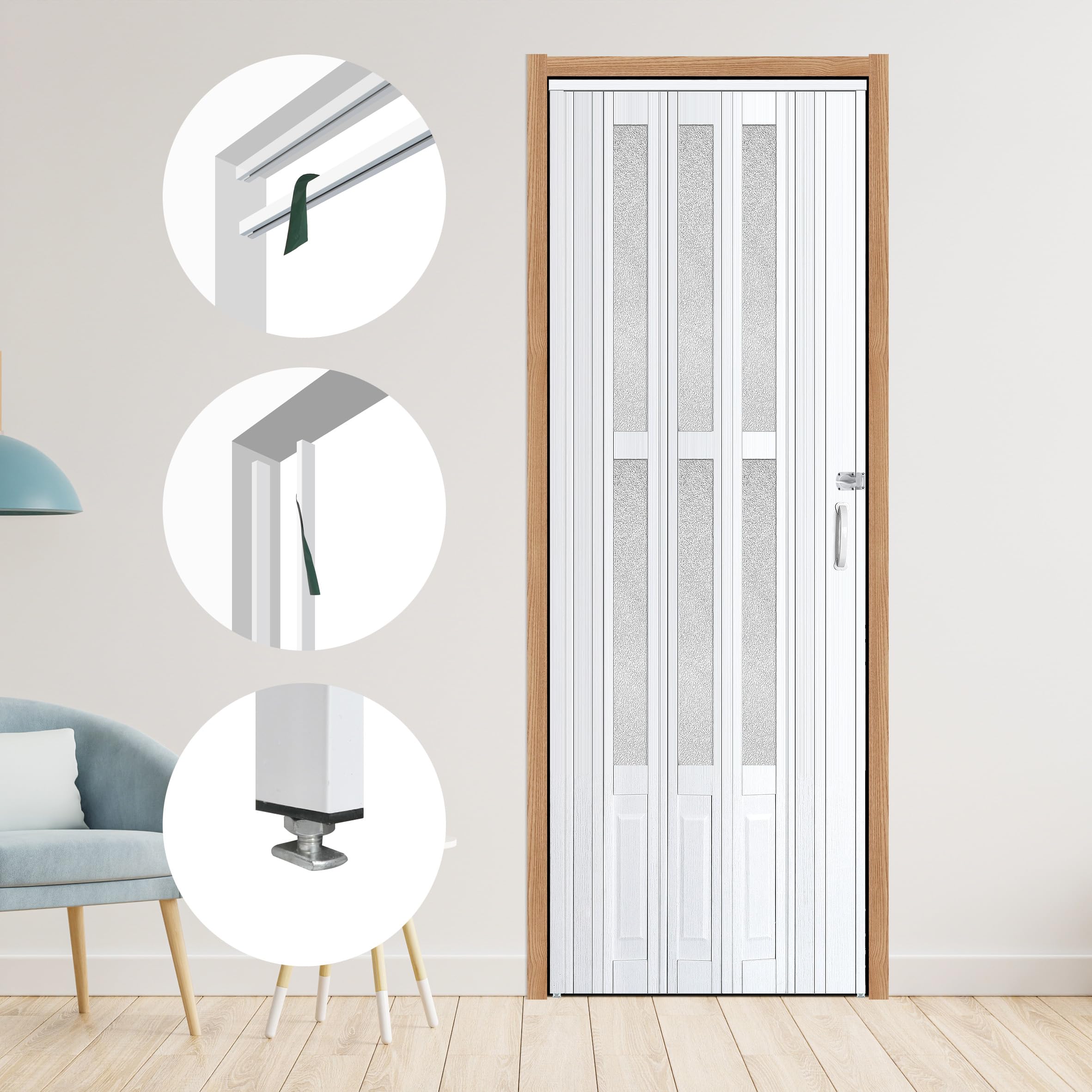 Photo 1 of 104RDHOUSE 30×80 in White Accordion Door with Frosted Acrylic Glass,PVC Interior Folding Doors for,No Need for Punching, Include Door and Mounting Hardware,Handle,Latch ?