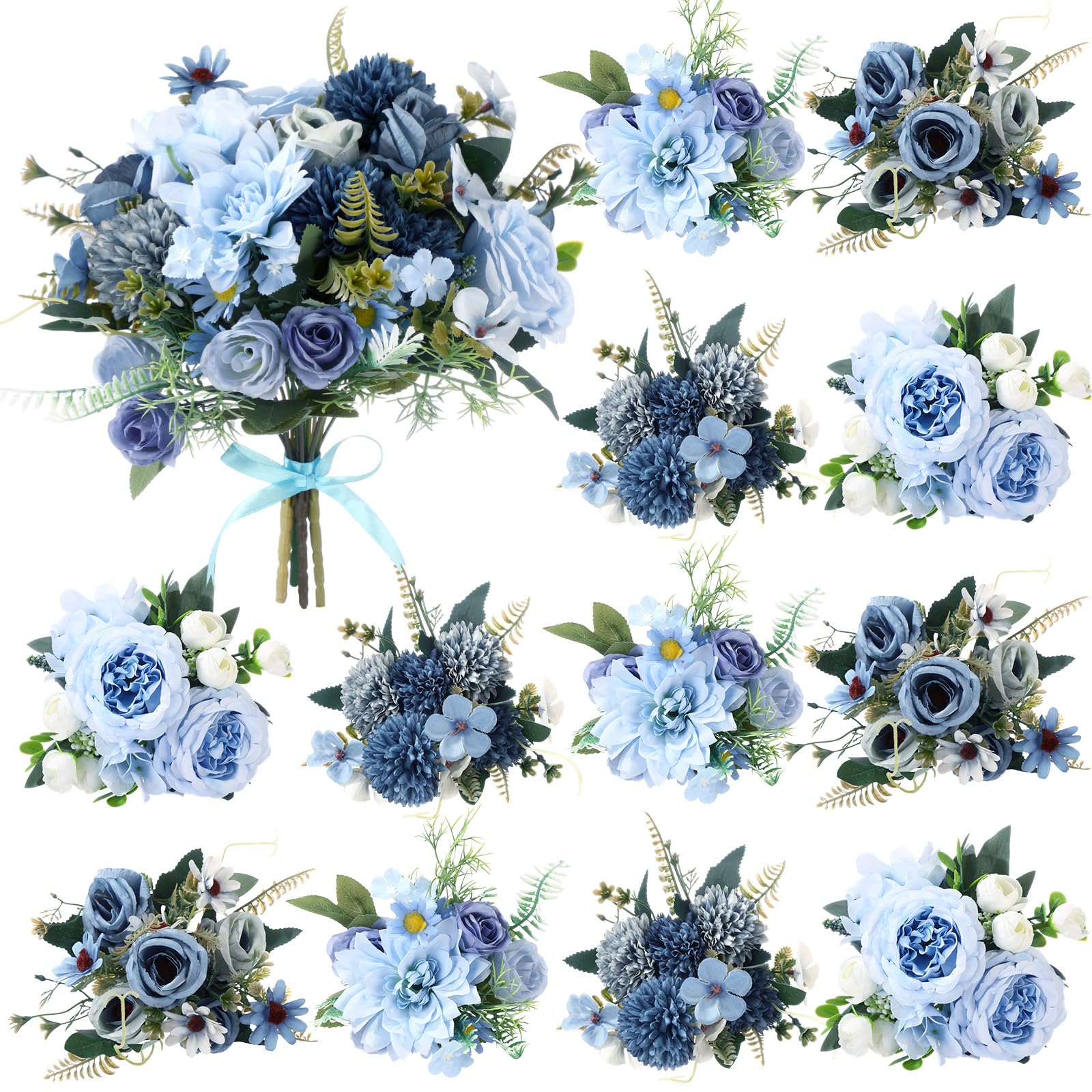 Photo 1 of Zeyune 12 Bundles Valentine's Artificial Flowers Peonies Silk Rose Faux Dahlia Fake Chamomile Hydrangea Bouquet Floral Arrangements Bulk for Vase Home Wedding Party Centerpiece(Gradient Blue)