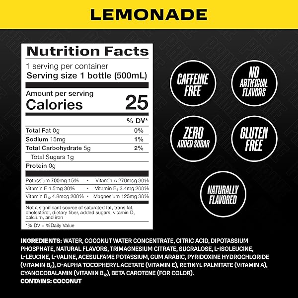 PRIME HYDRATION LEMONADE, SPORTS DRINKS, ELECTROLYTE ENHANCED FOR REPLENISHING FLUIDS, 250MG BCAAS, B VITAMINS, ANTIOXIDANTS, LOW SUGAR, 16.9 FL OZ, 12 PACK